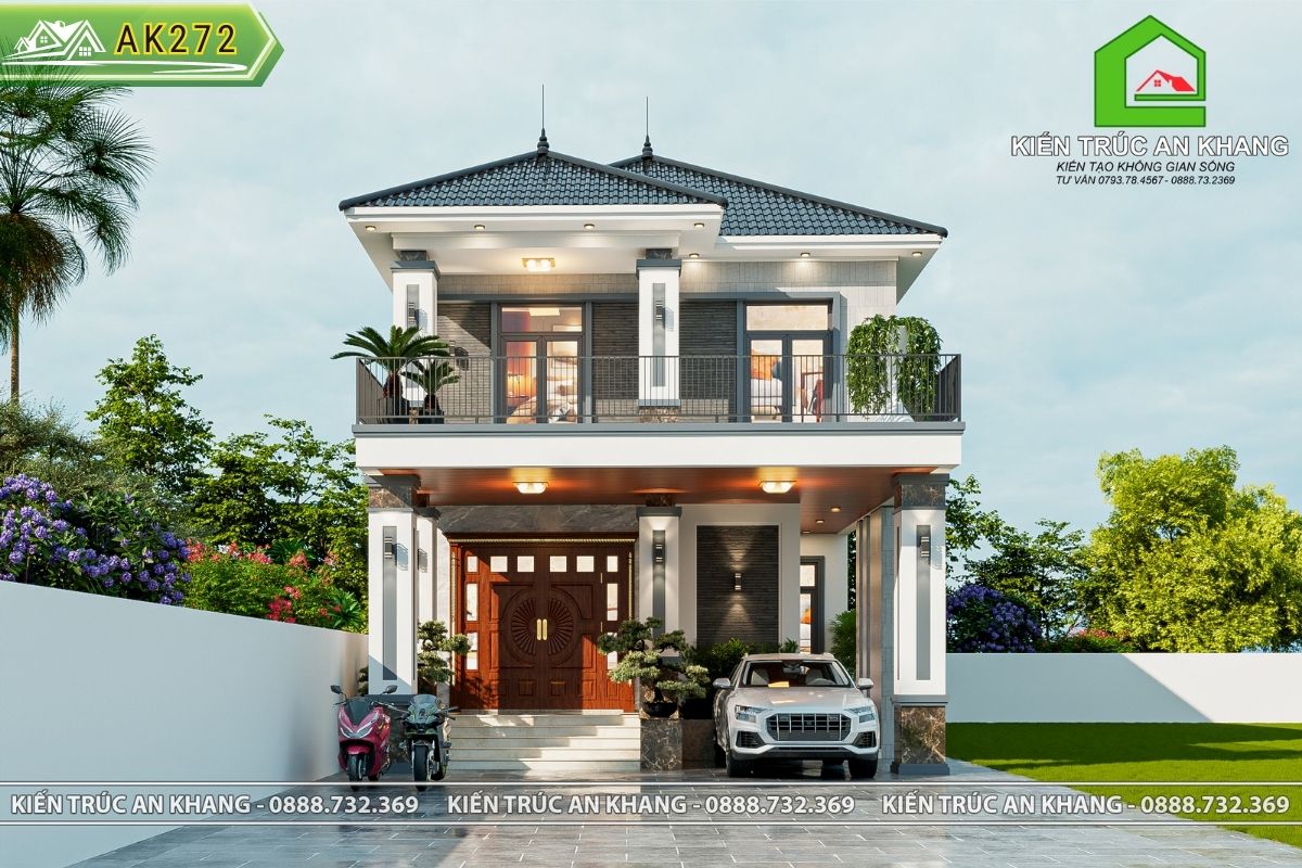 Mẫu nhà 2 tầng mái nhật 8 x 22m 4 phòng ngủ - AK272