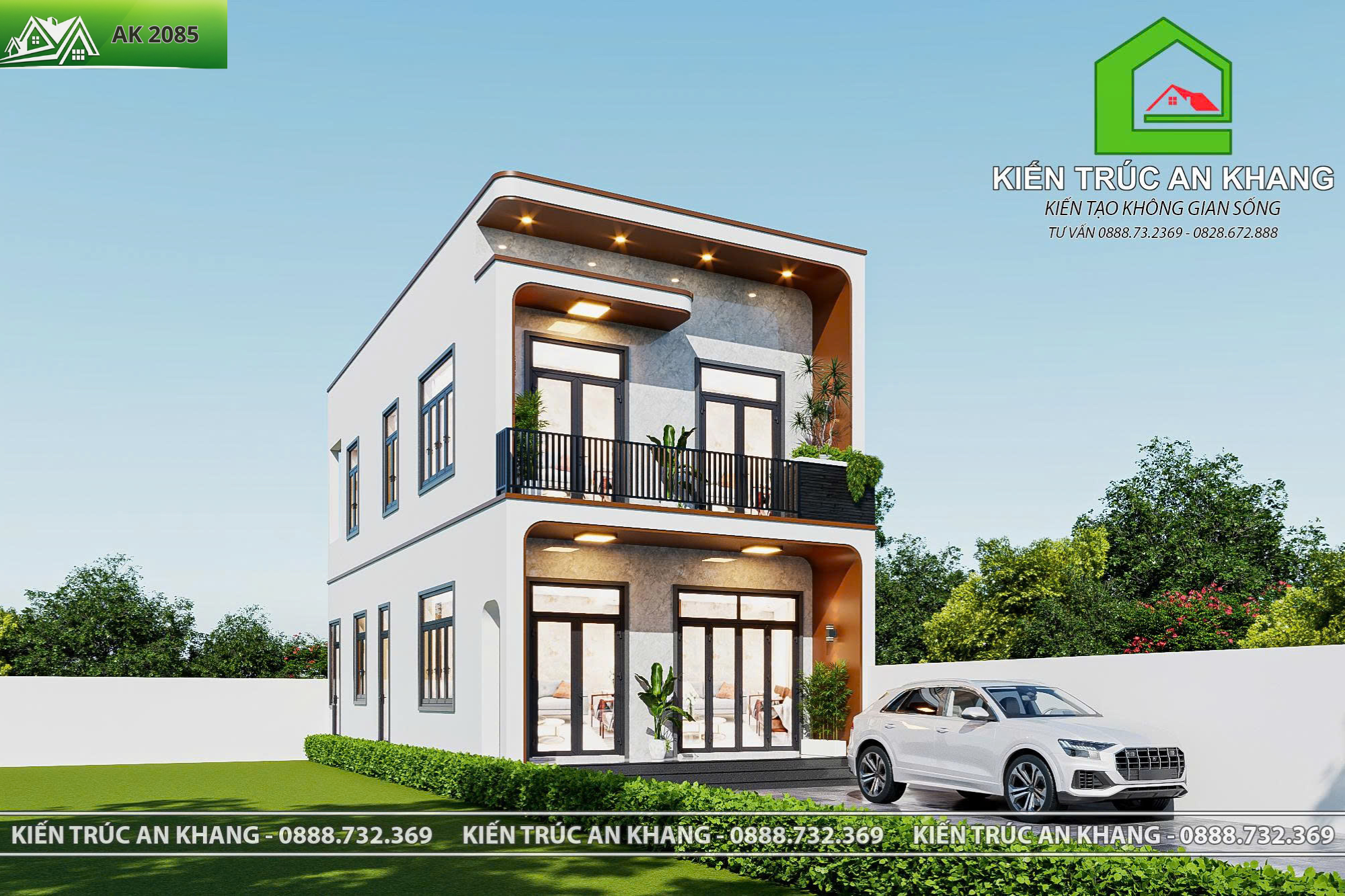 Mẫu nhà 2 tầng mái bằng, 6.5x12.6m 3 phòng ngủ - AK2085