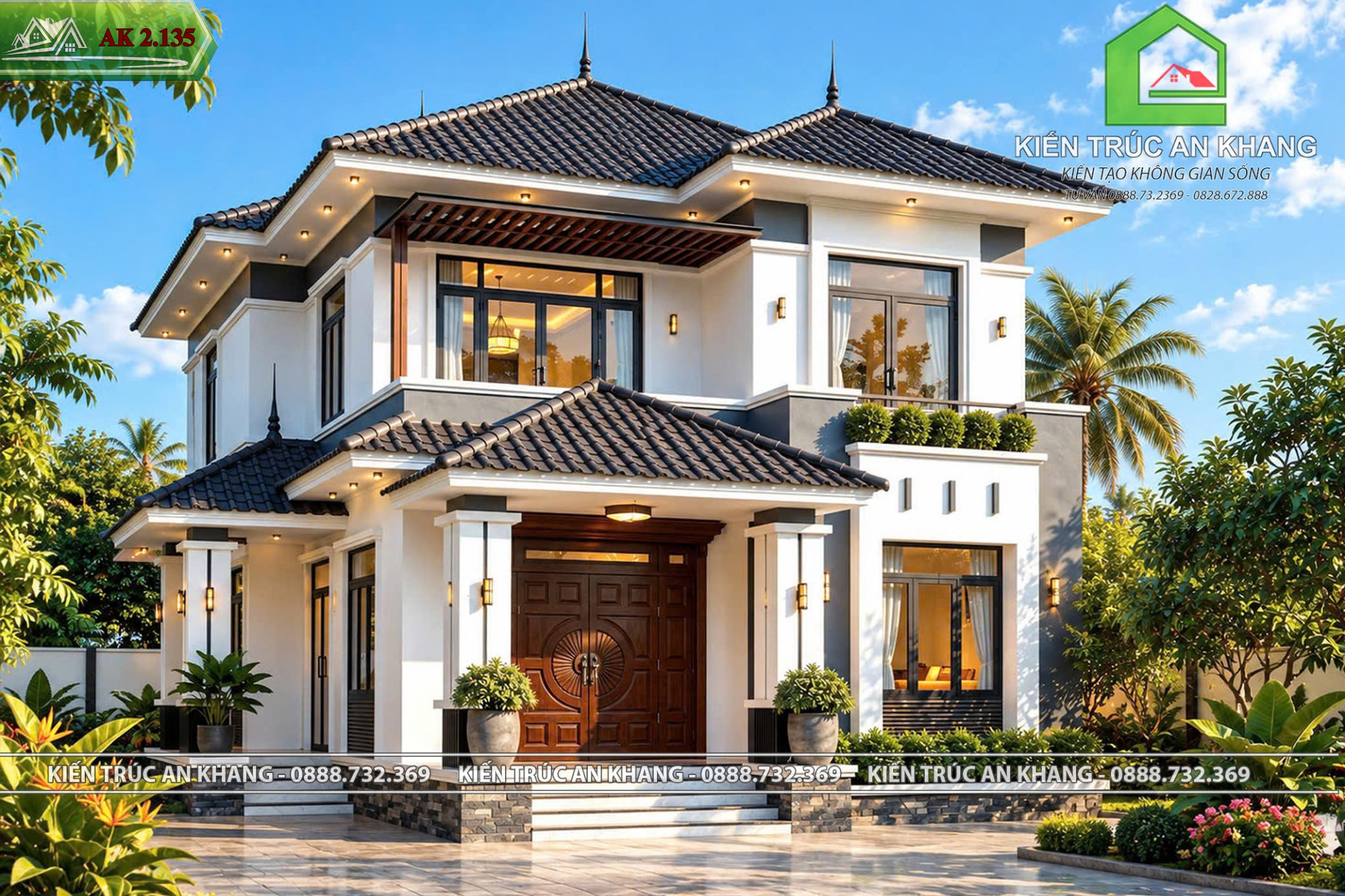Mẫu nhà 2 tầng mái Nhật 4 phòng ngủ sang trọng, có sảnh phụ – Công năng tiện nghi